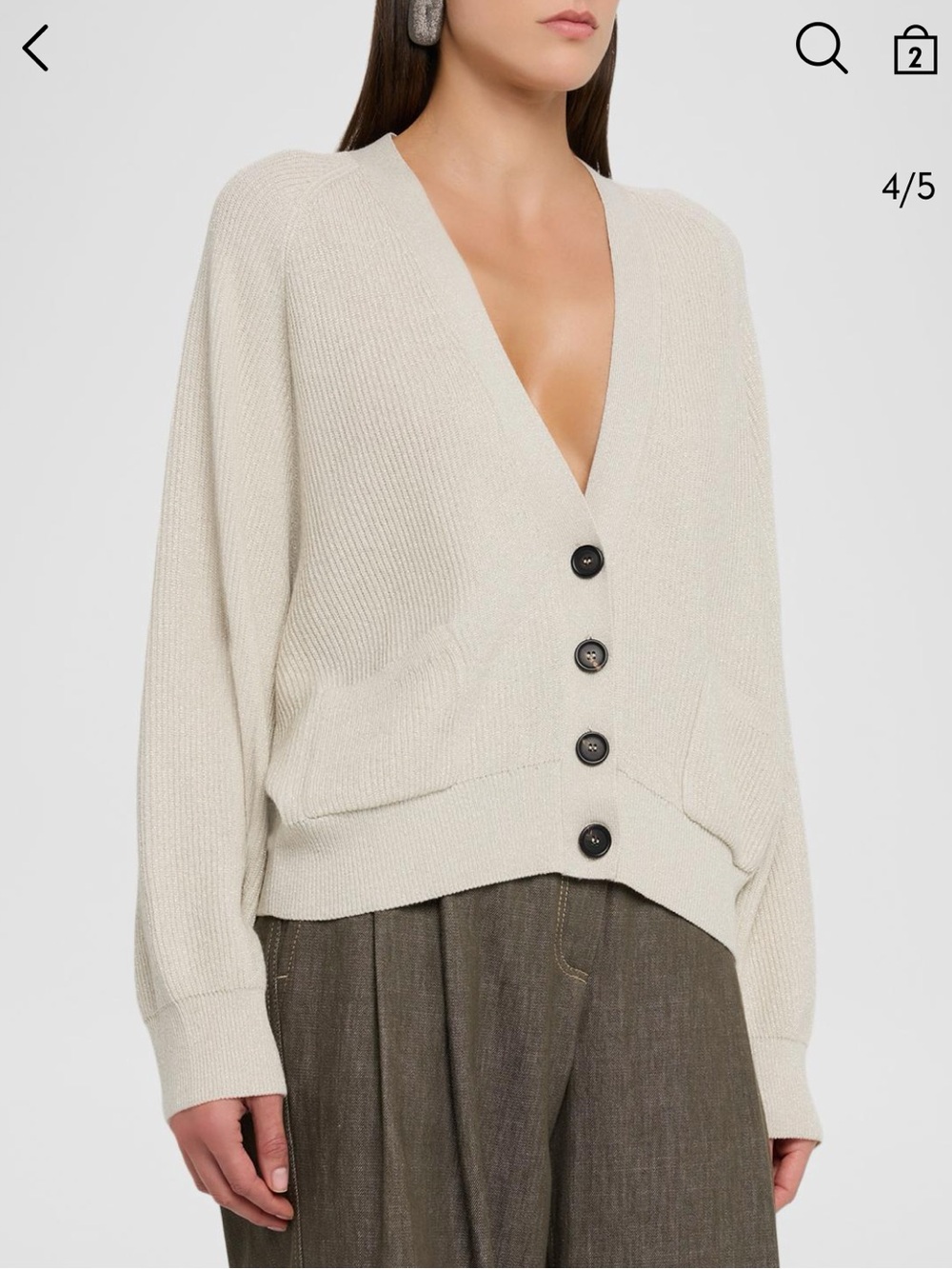 Brunello Cucinelli Ivory V-Neck Wool Rib Cardigan